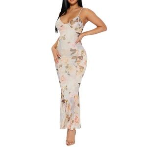 Fashion Nova Love Letters Mesh Maxi Dress White Floral Bodycon  Size Large